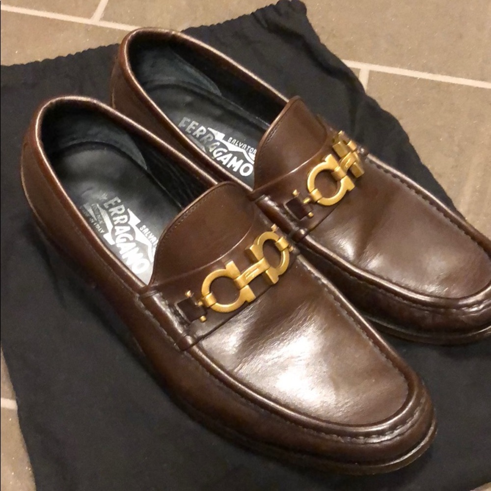 Ferragamo brown leather worn shoes with gold logo
